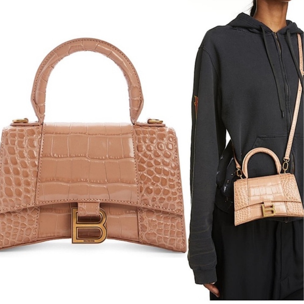 NWT Balenciaga XS Croc Embossed Hourglass purse top handle camel beige